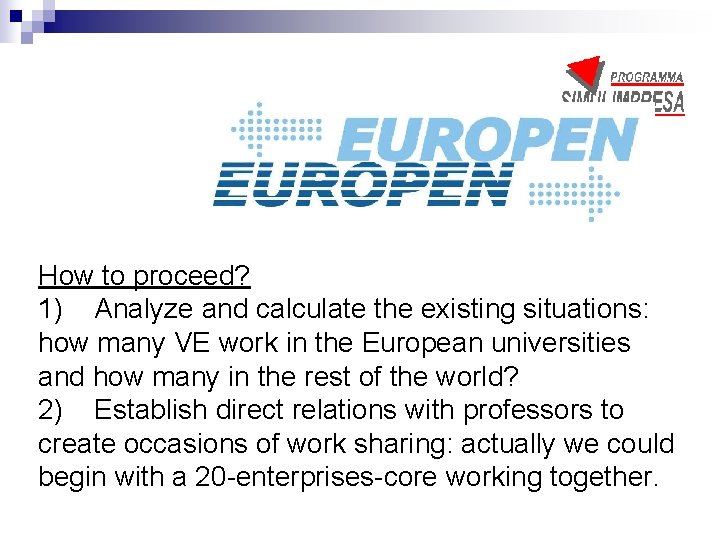 How to proceed? 1) Analyze and calculate the existing situations: how many VE work