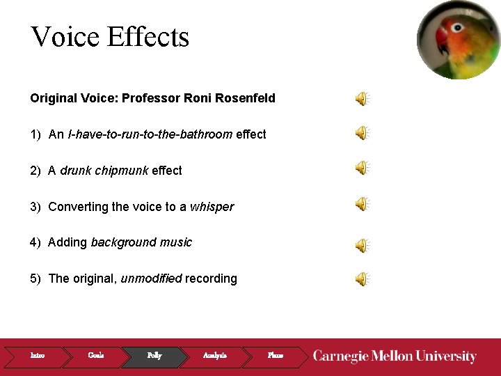 Voice Effects Original Voice: Professor Roni Rosenfeld 1) An I-have-to-run-to-the-bathroom effect 2) A drunk