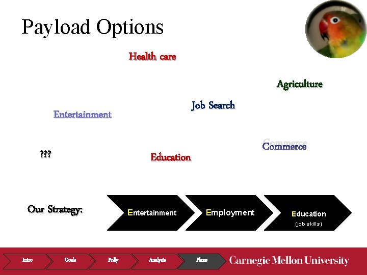 Payload Options Health care Agriculture Job Search Entertainment ? ? ? Education Our Strategy: