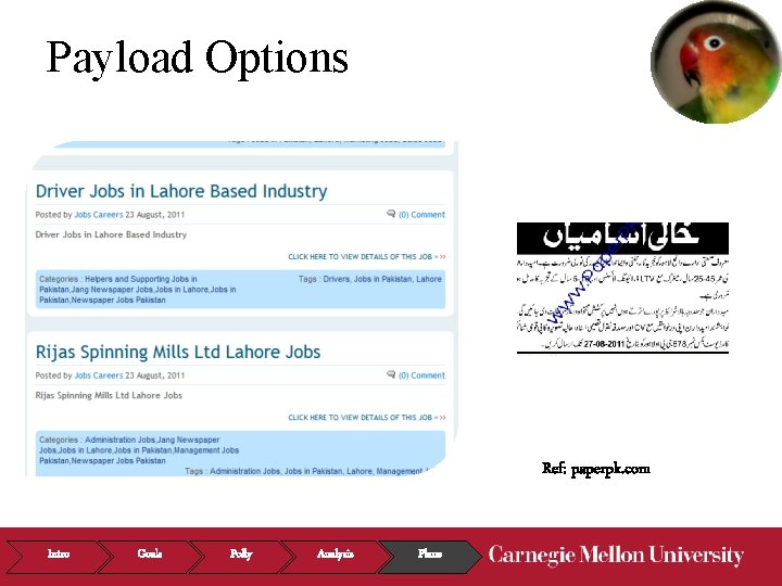 Payload Options Ref: paperpk. com Intro Goals Polly Analysis Plans 