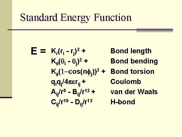 Standard Energy Function E= Kr(ri - rj)2 + Kq(qi - qj)2 + Kf(1 -cos(nfj))2