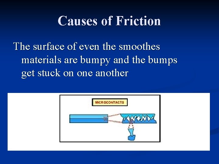 Causes of Friction The surface of even the smoothes materials are bumpy and the