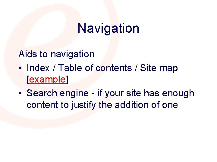 Navigation Aids to navigation • Index / Table of contents / Site map [example]