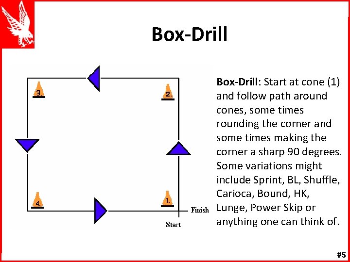 Box-Drill: Start at cone (1) and follow path around cones, some times rounding the