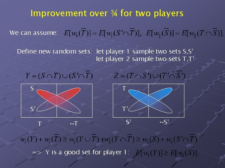 Improvement over ¾ for two players We can assume: Define new random sets: let