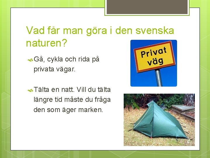 Vad får man göra i den svenska naturen? Gå, cykla och rida på privata