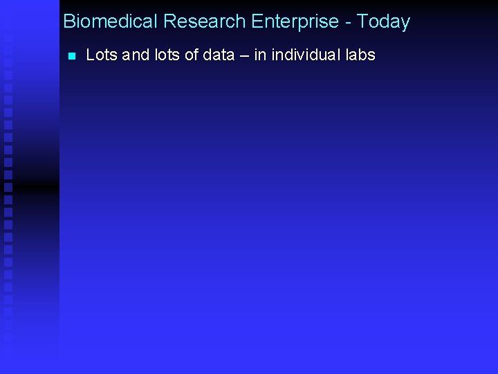 Biomedical Research Enterprise - Today n Lots and lots of data – in individual