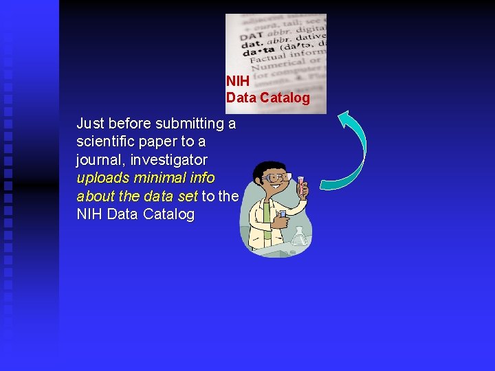 NIH Data Catalog Just before submitting a scientific paper to a journal, investigator uploads