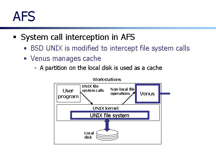 AFS § System call interception in AFS • BSD UNIX is modified to intercept AFS § System call interception in AFS • BSD UNIX is modified to intercept