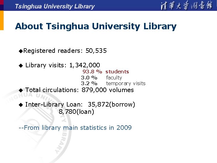 Tsinghua University Library About Tsinghua University Library ◆Registered ◆ readers: 50, 535 Library visits: