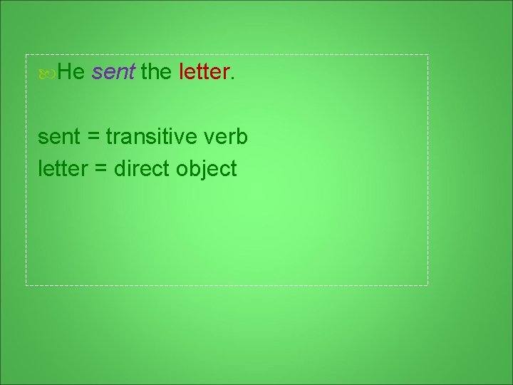  He sent the letter. sent = transitive verb letter = direct object 