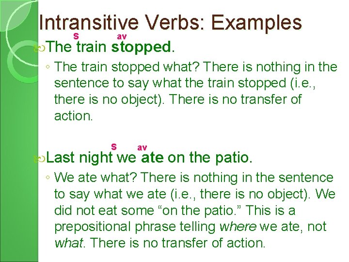 Intransitive Verbs: Examples S av The train stopped. ◦ The train stopped what? There