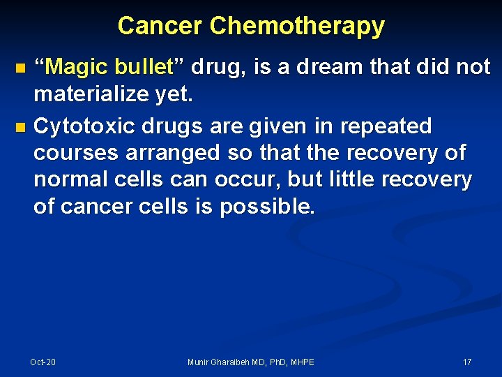 Cancer Chemotherapy “Magic bullet” drug, is a dream that did not materialize yet. n