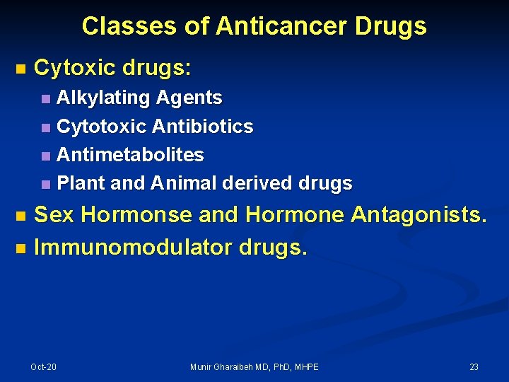 Classes of Anticancer Drugs n Cytoxic drugs: Alkylating Agents n Cytotoxic Antibiotics n Antimetabolites