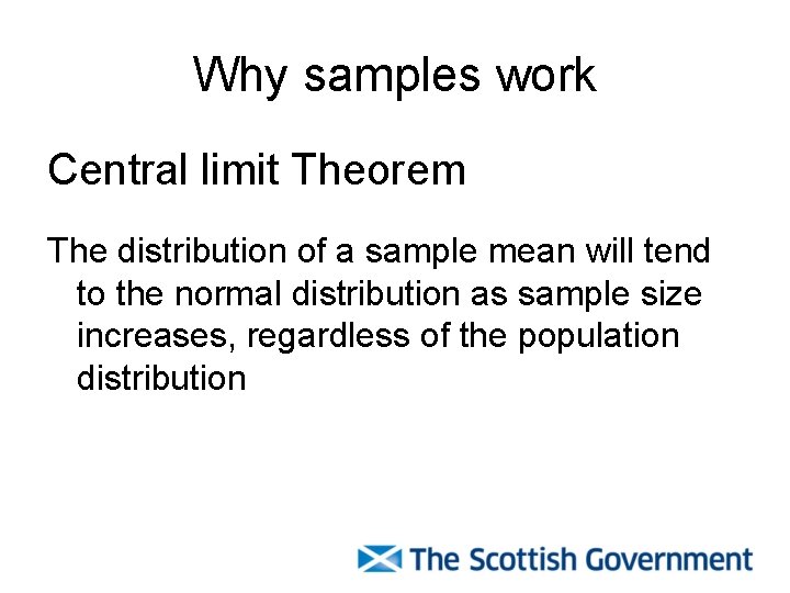 Why samples work Central limit Theorem The distribution of a sample mean will tend