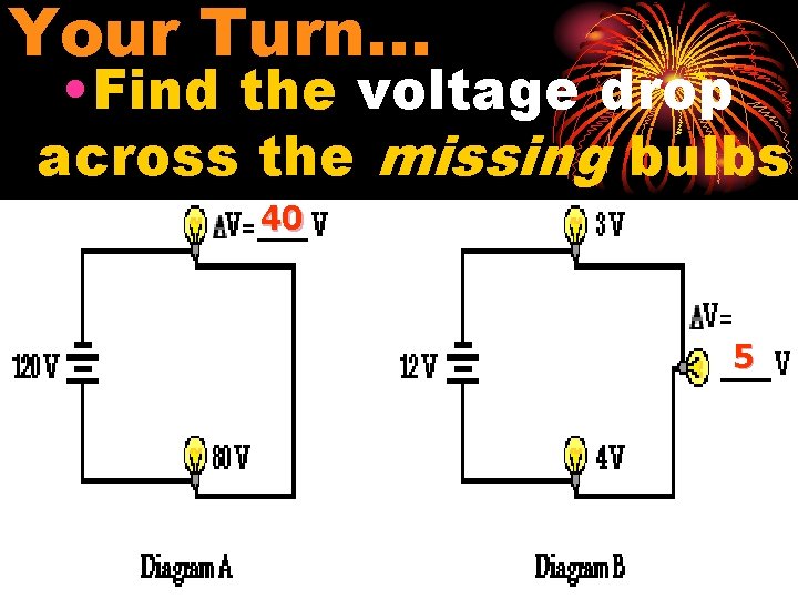 Your Turn… • Find the voltage drop across the missing bulbs 40 5 