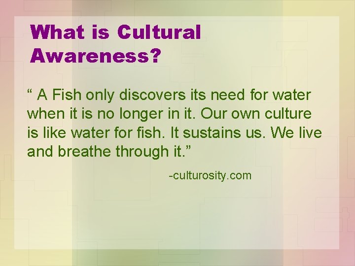 What is Cultural Awareness? “ A Fish only discovers its need for water when