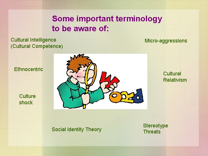 Some important terminology to be aware of: Cultural Intelligence (Cultural Competence) Ethnocentric Micro-aggressions Cultural