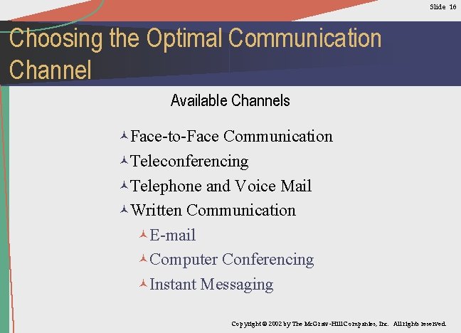 Slide 16 Choosing the Optimal Communication Channel Available Channels ©Face-to-Face Communication ©Teleconferencing ©Telephone and