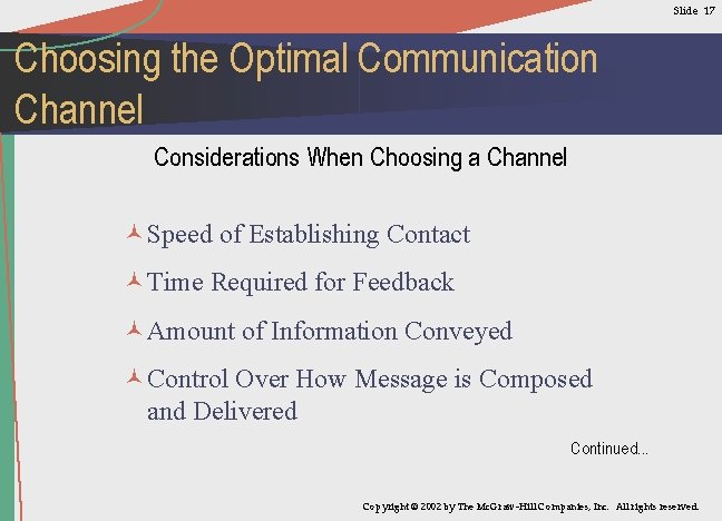 Slide 17 Choosing the Optimal Communication Channel Considerations When Choosing a Channel ©Speed of
