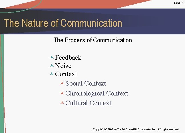 Slide 7 The Nature of Communication The Process of Communication ©Feedback ©Noise ©Context ©Social