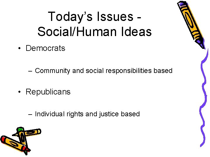 Today’s Issues Social/Human Ideas • Democrats – Community and social responsibilities based • Republicans