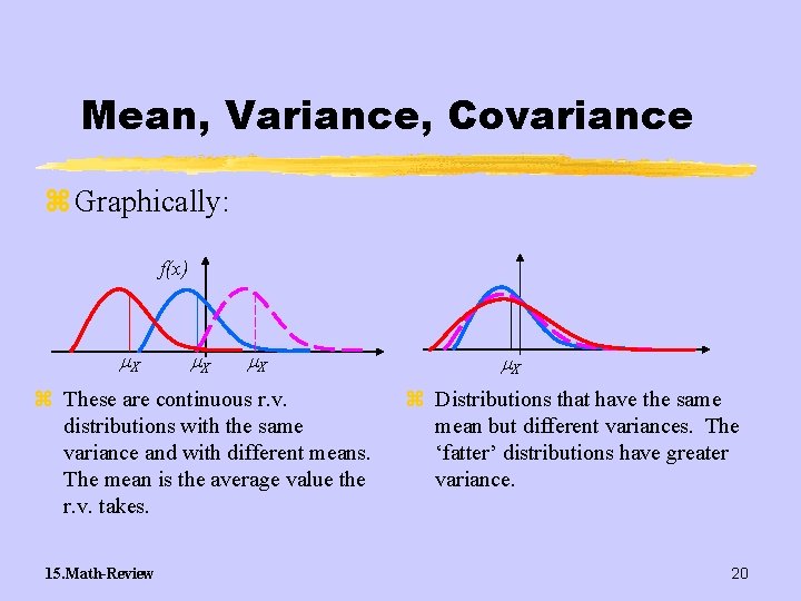 Mean, Variance, Covariance z Graphically: f(x) X X X z These are continuous r.