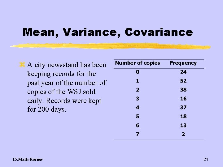 Mean, Variance, Covariance z A city newsstand has been keeping records for the past