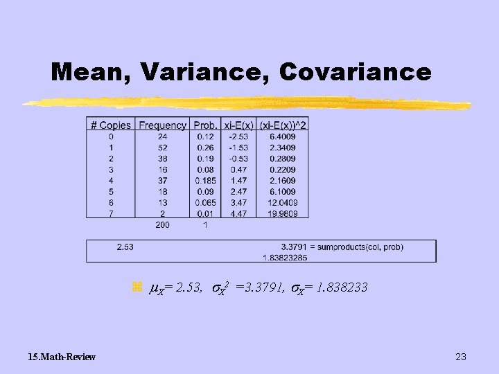 Mean, Variance, Covariance z X= 2. 53, X 2 =3. 3791, X= 1. 838233
