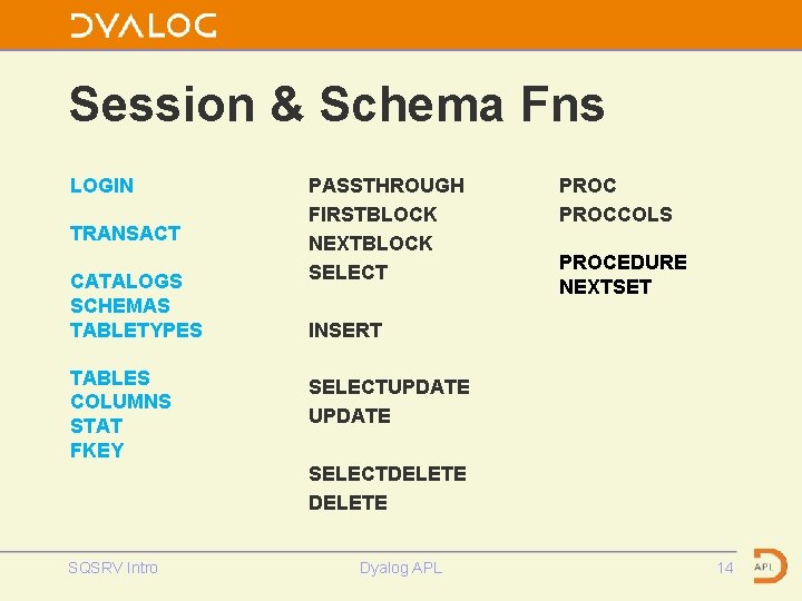 Session & Schema Fns LOGIN TRANSACT CATALOGS SCHEMAS TABLETYPES TABLES COLUMNS STAT FKEY PASSTHROUGH