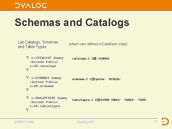 Schemas and Catalogs List Catalogs, Schemas and Table Types ∇ r←CATALOGS dummy : Access