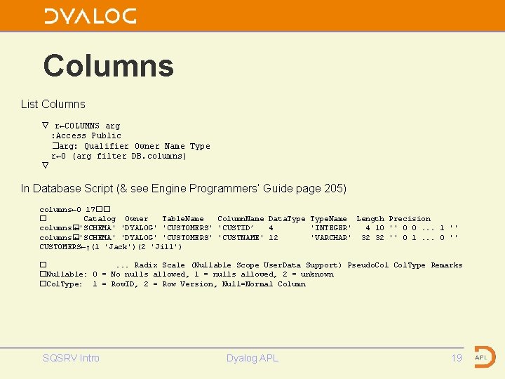 Columns List Columns ∇ r←COLUMNS arg : Access Public �arg: Qualifier Owner Name Type