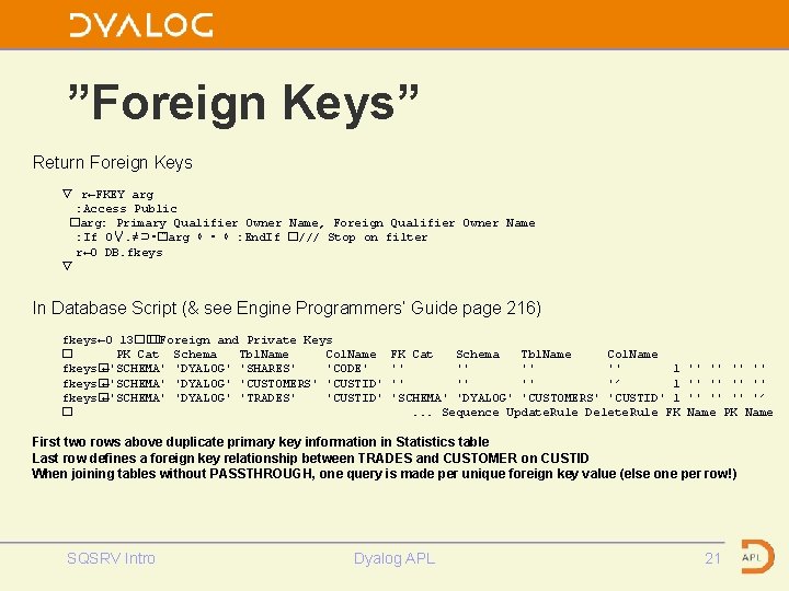 ”Foreign Keys” Return Foreign Keys ∇ r←FKEY arg : Access Public �arg: Primary Qualifier