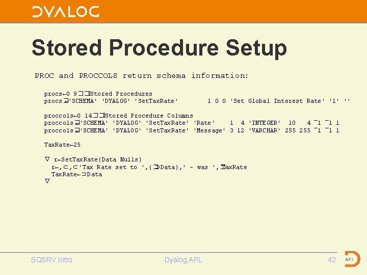 Stored Procedure Setup PROC and PROCCOLS return schema information: procs← 0 9�� �Stored Procedures