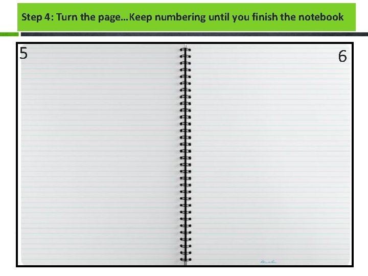 Step 4: Turn the page…Keep numbering until you finish the notebook 5 6 