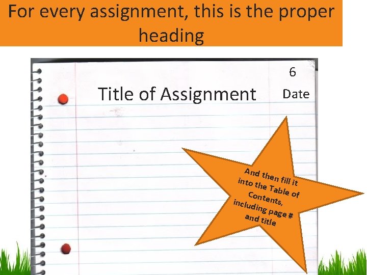 For every assignment, this is the proper heading 6 Title of Assignment Date And