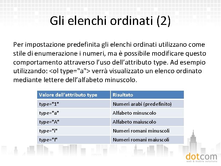 Gli elenchi ordinati (2) Per impostazione predefinita gli elenchi ordinati utilizzano come stile di