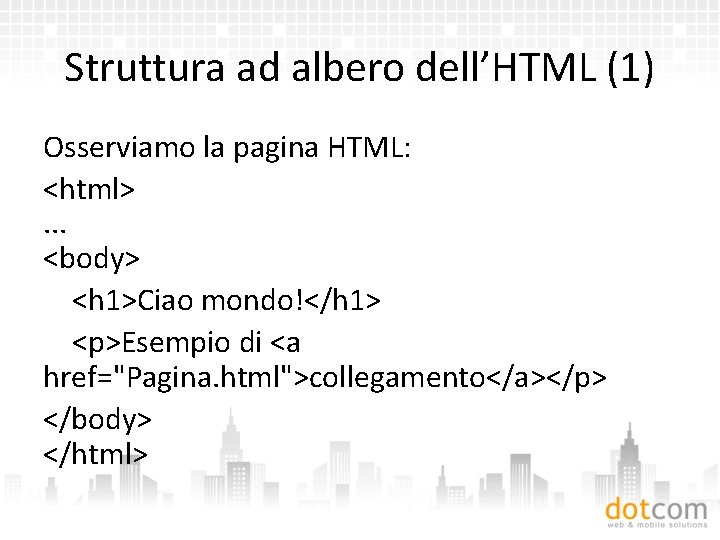 Struttura ad albero dell’HTML (1) Osserviamo la pagina HTML: <html>. . . <body> <h