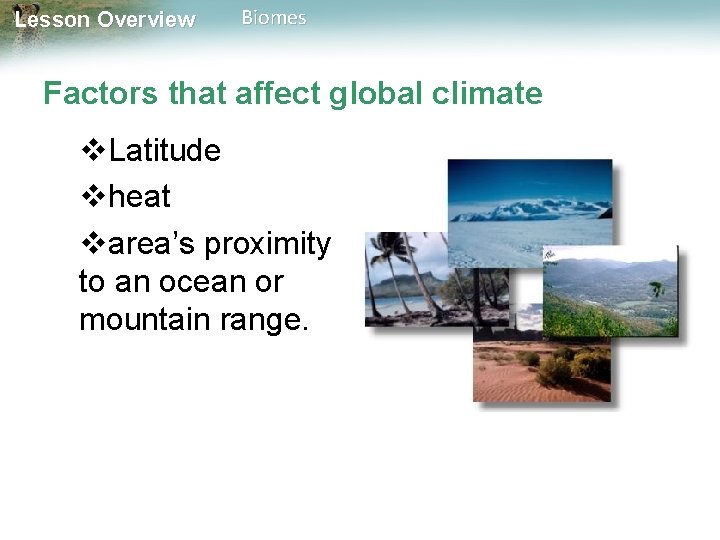 Lesson Overview Biomes Factors that affect global climate Latitude heat area’s proximity to an