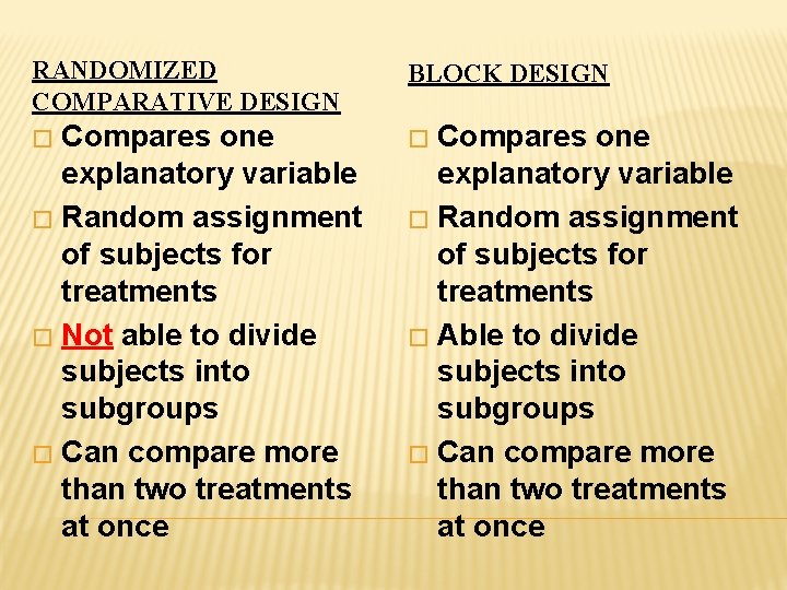 RANDOMIZED COMPARATIVE DESIGN BLOCK DESIGN Compares one explanatory variable � Random assignment of subjects