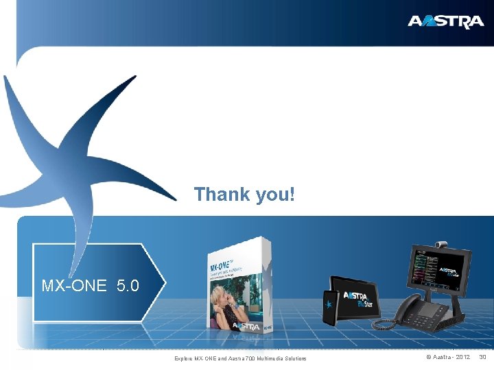 Thank you! MX-ONE 5. 0 Explore MX-ONE and Aastra 700 Multimedia Solutions © Aastra