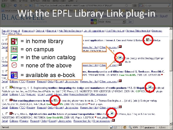 Wit the Vendor EPFL Library Link plug-in example = in home library = on