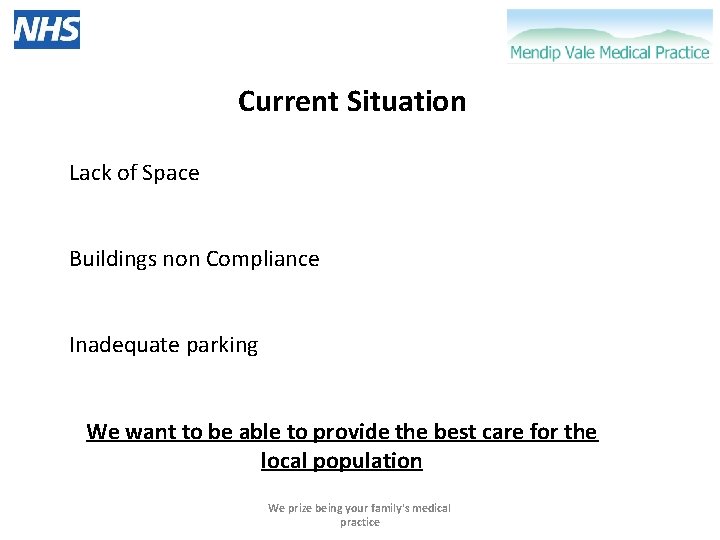 Current Situation Lack of Space Buildings non Compliance Inadequate parking We want to be
