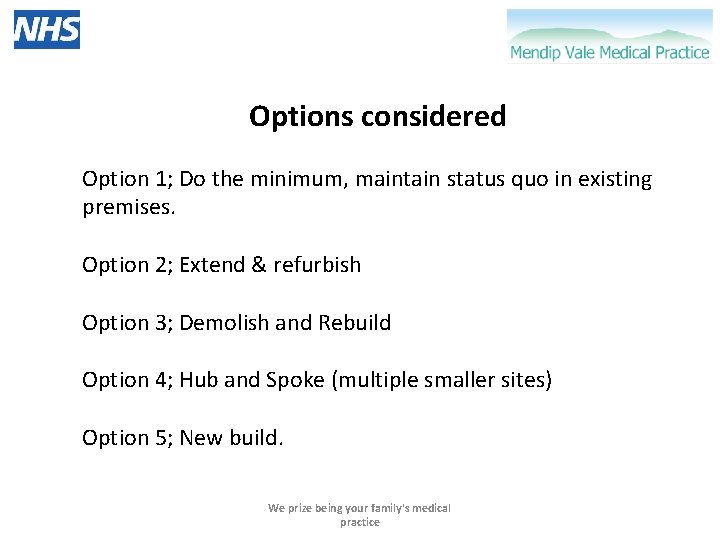 Options considered Option 1; Do the minimum, maintain status quo in existing premises. Option