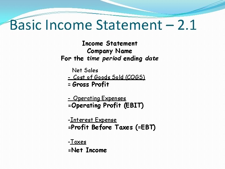 Basic Income Statement – 2. 1 Income Statement Company Name For the time period