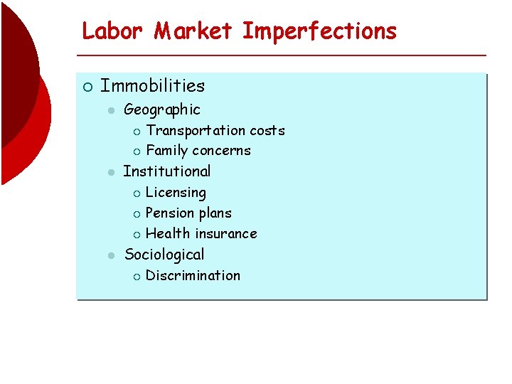 Labor Market Imperfections ¡ Immobilities l l l Geographic ¡ Transportation costs ¡ Family
