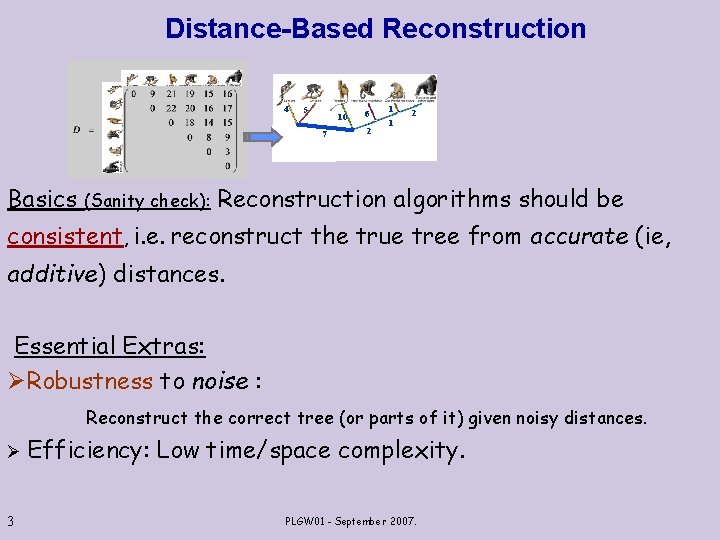 Distance-Based Reconstruction 4 5 10 7 Basics (Sanity check): 6 2 1 Reconstruction algorithms