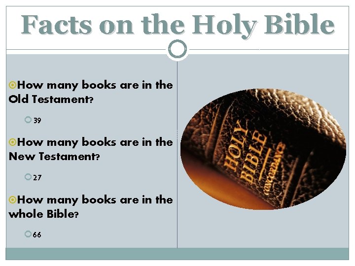 Facts on the Holy Bible How many books are in the Old Testament? 39