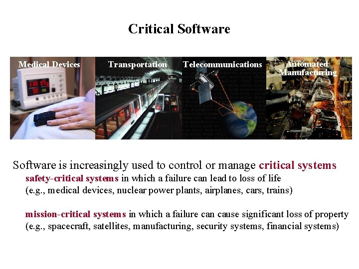 Critical Software Medical Devices Transportation Telecommunications Automated Manufacturing Software is increasingly used to control