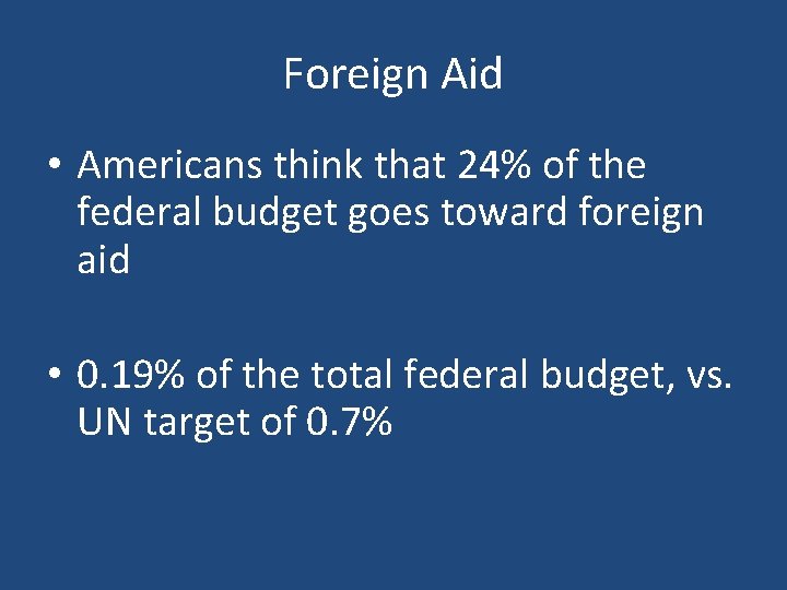 Foreign Aid • Americans think that 24% of the federal budget goes toward foreign